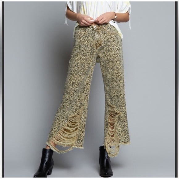 POL Denim - POL Chetah Wide Leg Destroyed Hem Jeans